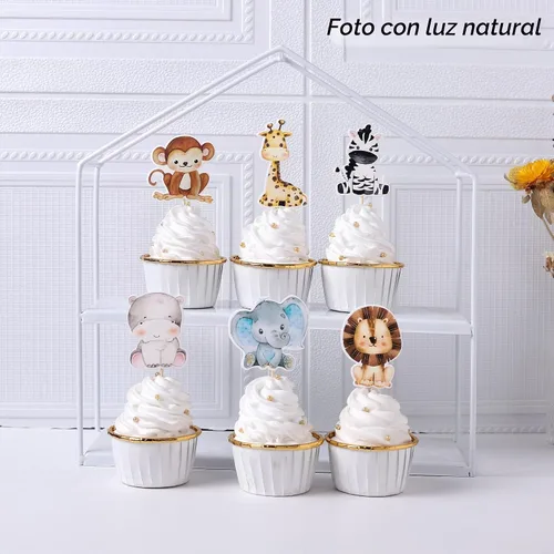 Vista 3 de 36 piezas de decoración para cupcakes de animales de la jungla, león, mono, cebra, hipopótamo, jirafa, elefante, temática de bosque, púas