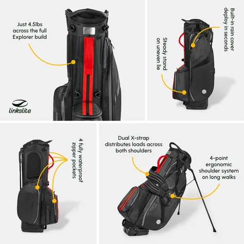 Vista 2 de Bolsa de golf ultraligera impermeable con cubierta para lluvia, longitud completa, 6 bolsillos con acceso magnético y doble correa en X, fácil