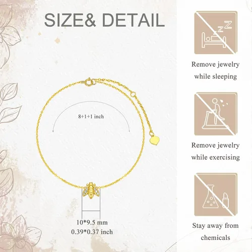 Vista 5 de MUUYON Tobillera de abeja de oro de 14 quilates para mujer, pulsera de tobillo con dije de abeja de oro amarillo real para mujer, para niñas