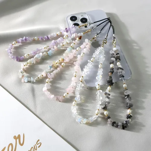 Vista 5 de Correa de muñeca para teléfono, con piedras preciosas naturales, con cuentas para teléfono celular, para mujeres y niñas (negro)