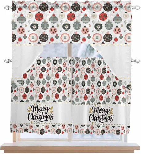 Vista 2 de Juego de 3 cortinas de cocina con festón de Navidad con cenefa, 3 piezas con bolsillo para barra, cortinas para dormitorio, sala de estar, baño