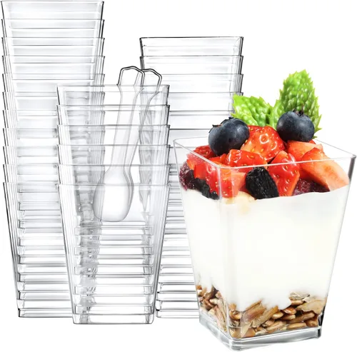 Vista 8 de Eupako Paquete de 100 vasos cuadrados de plástico transparente de 5 onzas, vasos pequeños de plástico transparente, ideales para postres
