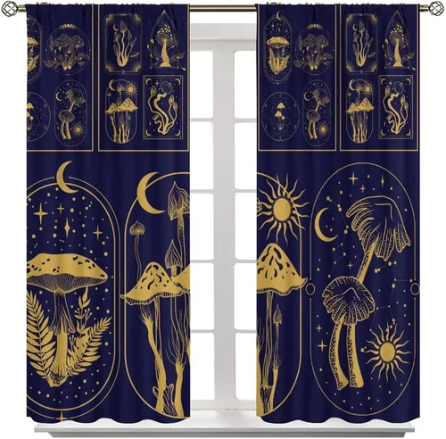 Vista 8 de Cortinas semitraslúcidas de hongos, estilo bohemio, plantas místicas, sol, luna, tratamiento de ventana para dormitorio, sala de estar, cocina