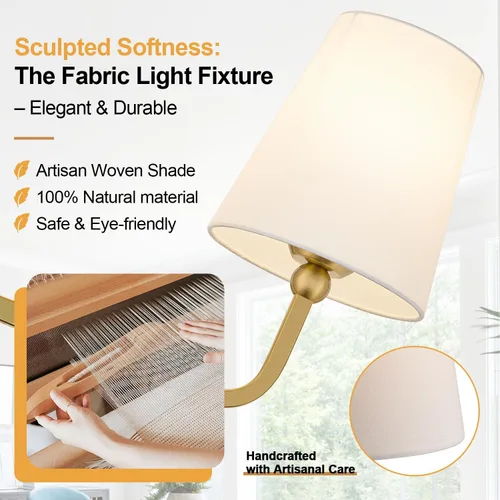 Vista 4 de MOKATNG Lámparas de baño, 3 luces doradas cepilladas, accesorios de iluminación de baño sobre espejo con pantalla de tela blanca acampanada