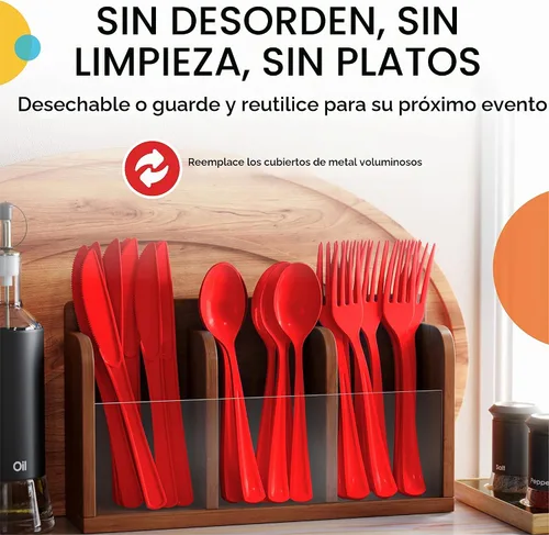 Vista 5 de Party Solids cubiertos de plástico desechables resistentes rojos - 200 piezas, cubiertos, vajilla, cucharas de plástico