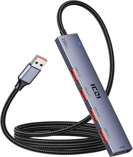 Vista 10 de ICZI central de USB con 4 puertos USB 3.0, central de datos para Mac, Windows y otras laptops., Negro