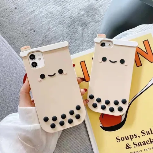 Vista 6 de Yatchen Fundas Kawaii para iPhone 7 Plus/8 Plus, lindo diseño de dibujos animados 3D Boba Milk Tea Funda de silicona suave divertida con perlas