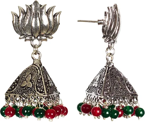 Vista 2 de DESI HAWKER - Pendientes de plata oxidados Bali Jhumki Jhumka joyería Bollywood gota colgante pirámide lámpara Lotus NI-19
