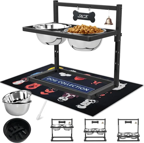Vista 13 de Soporte elevado para perros medianos y grandes con comedero lento y tapete, altura ajustable de 3.9, 5.5, 7.1, 8.7, 10.2, 11.8 pulgadas, comederos