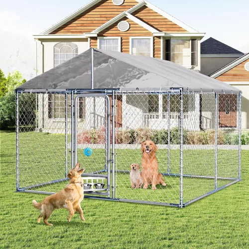 Vista 6 de Grepatio Perrera para perros al aire libre de 10 x 10 pies con techo, recinto exterior para perros con 2 comederos giratorios, cerca para perros