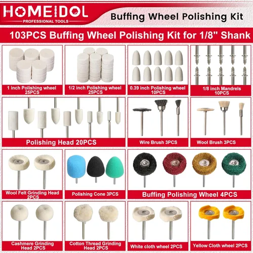 Vista 3 de HOMEIDOL - Rueda de pulido para kit de pulido Dremel, 103 piezas, rueda de pulido de vástago de 1/8 pulgadas para accesorios de herramientas Dremel