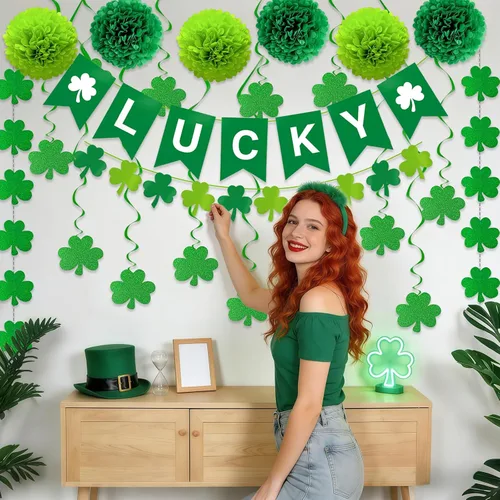 Vista 4 de 22 decoraciones de fiesta de despedida, pancarta de la suerte y guirnaldas de trébol, espirales colgantes, pompones para cumpleaños de la suerte