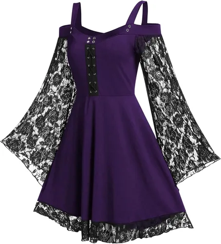 Vista 2 de Women Renaissance Dress Strap Lace Up Flare Sleeves Swing Knit Dress Halloween Victorian Dress One Shoulder Dress