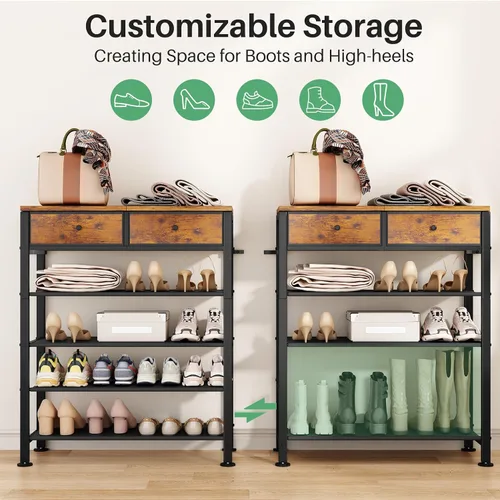 Vista 7 de Kitstorack - Zapatero de 4 niveles, organizador de zapatos para 9-12 pares de zapatos, con 2 cajones, 3 estantes de tela y parte superior de madera