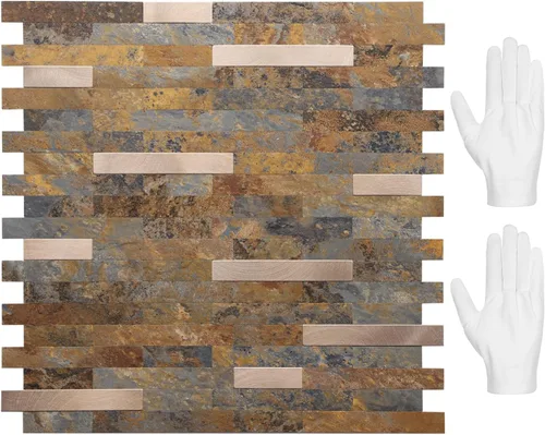 Vista 29 de STICKGOO Azulejo de protección contra salpicaduras para despegar y pegar, para cocina y baño, aspecto de madera negra y gris, PVC, mezcla de metal