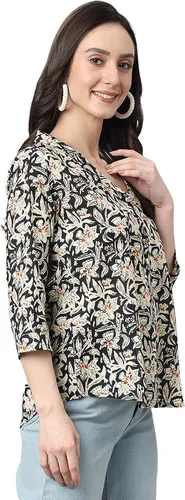 Vista 6 de Janasya Top regular con estampado floral de algodón negro para mujer india