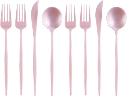 Vista 11 de Juego de cubiertos desechables de diseño moderno para vacaciones, juego de cubiertos de plástico para 24-24 cucharas de plástico, 24 cuchillos, 48