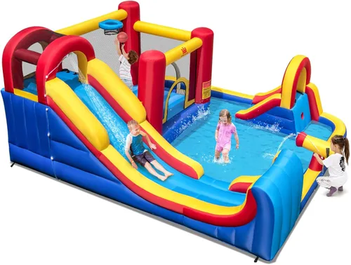 Vista 14 de BOUNTECH Tobogán acuático inflable, 7 en 1 doble tobogán para niños, parque acuático para niños, toboganes de agua inflables para exteriores