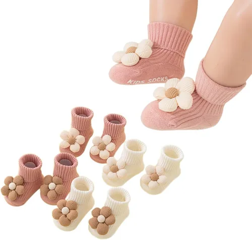 Vista 8 de Belsmi Calcetines antideslizantes para bebés y niñas, calcetines antideslizantes para el tobillo con estampado de flores de princesa, para verano