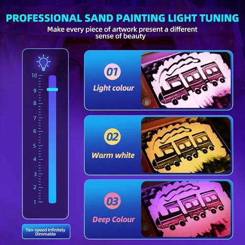 Vista 5 de Caja de luz de pintura de arena de 16 pulgadas, mesa sensorial portátil iluminada para niños y adultos, 3 modos de color y 10 niveles, mesa
