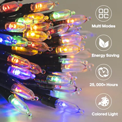 Vista 3 de Luces de Navidad a pilas para exteriores, 2 paquetes de 5.4 m, 50 luces LED multicolores mini para Navidad, Luces de Navidad con control remoto, 8