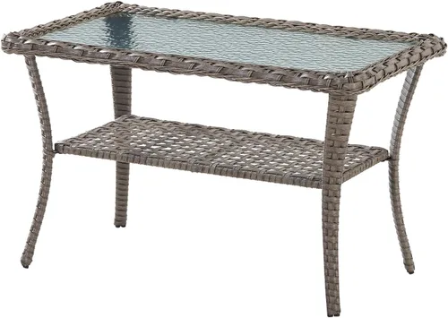 Vista 11 de Belord Mesa de centro para exteriores de 38 pulgadas con almacenamiento de 2 niveles, mesa de centro de mimbre con textura ondulada de agua, parte