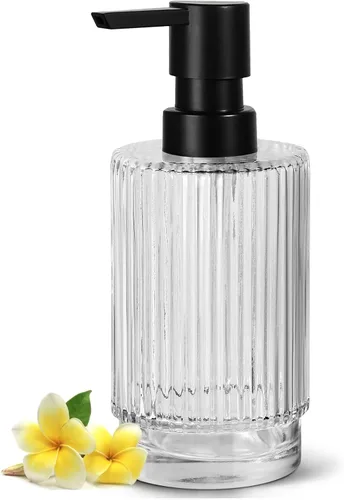 Vista 10 de VIMERPA Dispensador de Jabón Negro, Dispensadores de Jabón de Manos de 11 fl oz para Baño, Dispensador de Jabón de Platos de Vidrio Acanalado Negro