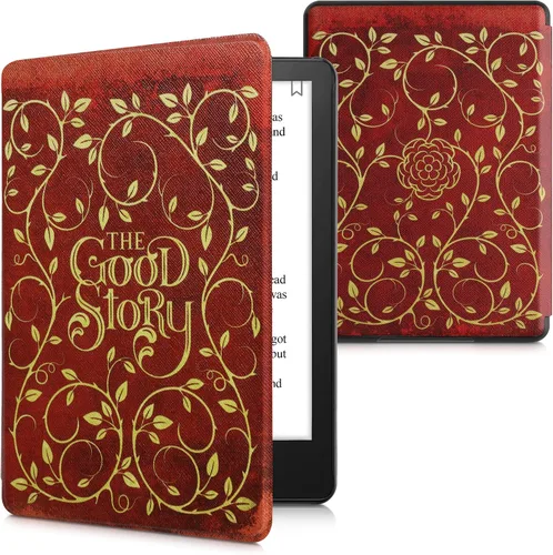 Vista 34 de kwmobile Funda compatible con Amazon Kindle Paperwhite 11. Generación 2021 - Funda para lector electrónico - Libros y páginas Beige/Marrón/Dorado