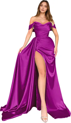Vista 44 de Dream Wedding Vestidos de fiesta de satén con hombros descubiertos con Agua