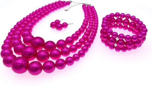Vista 4 de JNF Juego de collar y aretes de perlas sintéticas, collar de disfraz de perlas gruesas y grandes