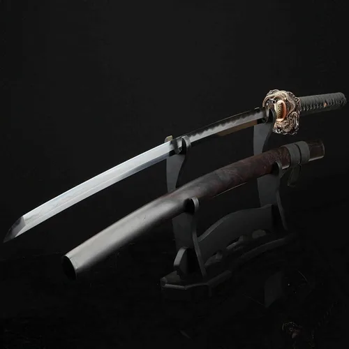 Vista 3 de Rare Boutique - Espada samurái japonesa hecha a mano de dragón dorado Tsuba, Katana real, arcilla templada, hoja afilada de acero plegado