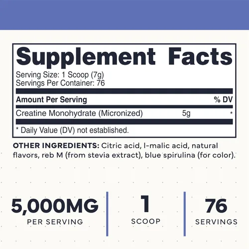 Vista 2 de Monohidrato de creatina tipo cero polvo (17.64 oz) Frambuesa azul, sin gluten Monohidrato de creatina micronizada, libre de OMG, apto para dieta