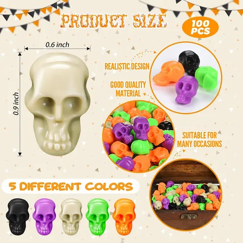 Vista 3 de 100 mini cabezas de calavera de plástico, calaveras pequeñas en miniatura, figuras de esqueleto de Halloween para bromas de Halloween, manualidades