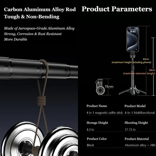 Vista 9 de Palo selfie magnético, 4 en 1 con control remoto, 4.3 pulgadas para vlogging Aluminum Alloy Rod, N52 Magnets, 10m Bluetooth Remote, 360° Rotation