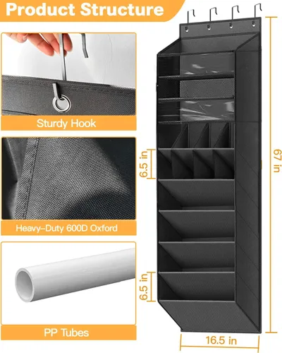 Vista 2 de Organizador de almacenamiento de zapatos sobre la puerta, zapatero colgante de 8 niveles detrás de la puerta con 6 bolsillos grandes y profundos, 8