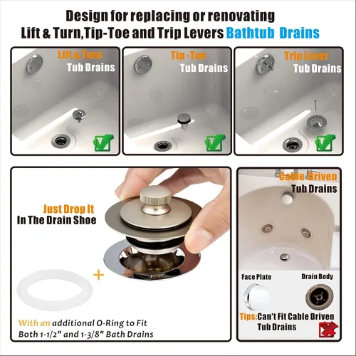 Vista 2 de Artiwell Tapón universal de drenaje de baño y tapa de elevación y giro, tapón de drenaje de bañera, reemplaza la elevación y giro, desagües