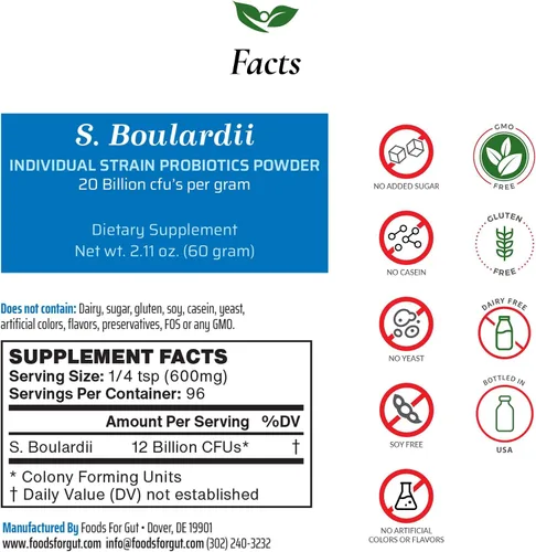 Vista 2 de Foods For Gut Saccharomyces Boulardii Probiotic Powder 20 mil millones de ufc Sin aditivos Apoyo digestivo e inmunológico Alta potencia S.