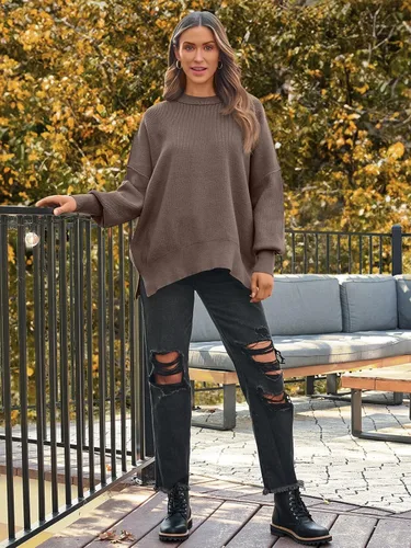 Vista 243 de Lillusory - Suéter extragrande con mangas de murciélago y cuello redondo para mujer, prenda moderna de otoño de tejido de punto sin botones