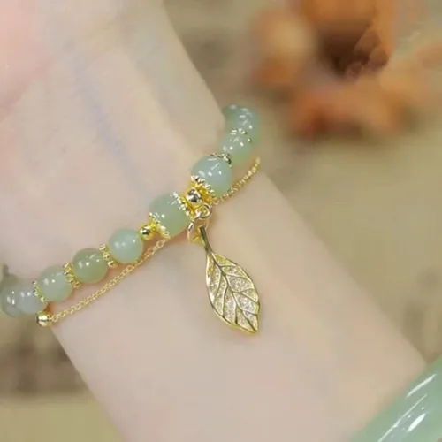 Vista 2 de Gofinoday Hetian Jade - Pulsera de hoja de oro, pulsera de temperamento elegante de jade hetiano, 12 pulseras de jade para mujer (2 unidades)