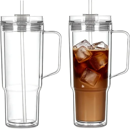 Vista 10 de Vasos de plástico de 40 onzas con asa, tapa de rosca con popote incluido, botella de agua reutilizable de doble pared a prueba de fugas, taza