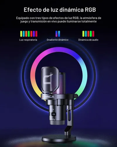 Vista 3 de COMICA Ejoy Uni(D) Micrófono USB para juegos con reducción de ruido, luces RGB 48kHz/24bit Sound Quality, Shock Mount, One-Key Mute, Streaming PC