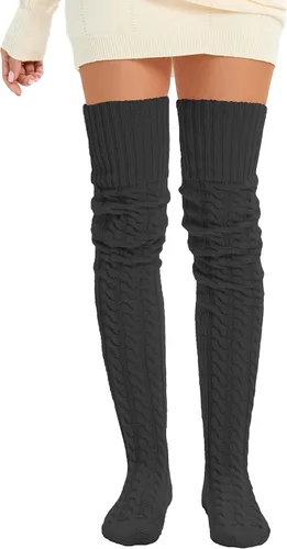 Vista 6 de SherryDC Calcetines hasta el muslo de punto trenzado para mujer, calentadores de piernas, extra largos por encima de la rodilla, medias altas
