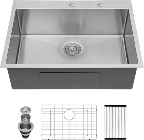 Vista 16 de Fregadero de cocina de 25 pulgadas, fregadero de un solo cuenco, color negro mate, calibre 18, 25 x 22 pulgadas, acero inoxidable, montaje superior
