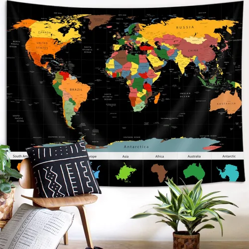 Vista 5 de Xguatan Tapiz de mapa del mundo para niños y estudiantes, mapa del mundo vintage, países educativos, ciudades, tapiz colgante de pared para aula