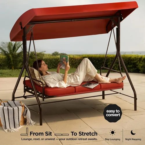 Vista 2 de Columpio para porche, columpio de 3 asientos para patio al aire libre con toldo para adultos, cama deslizante convertible, cojines gruesos
