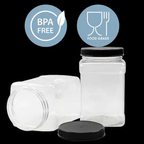 Vista 5 de Cornucopia Brands Tarros cuadrados de plástico de 48 onzas (paquete de 3); recipientes rectangulares transparentes de 6 tazas con tapas negras, lado