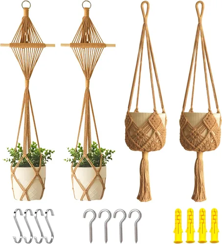 Vista 10 de Maceta Colgante con Patrones, Juego de 4 Colgadores de Macramé para Plantas de Interior, para Macetas de hasta 8 Pulgadas, Soporte de Ganchillo Boho