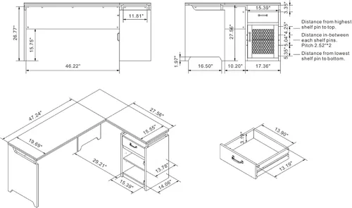 Vista 3 de 24/7 Shop at Home Deandre Farmhouse - Escritorio de computadora de madera en forma de L con 1 cajón con estante ajustable, puerta de gabinete