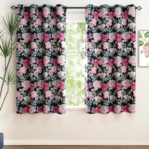 Vista 13 de Linentalks Juego de 2 paneles de cortinas opacas florales de 63 pulgadas de largo, cortinas opacas cortas con aislamiento térmico para sala