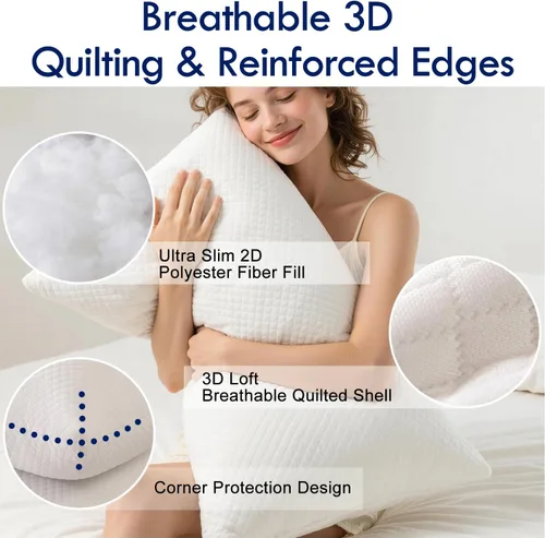 Vista 3 de HITO Juego de 2 almohadas de cama de hotel, tamaño estándar, 100 % material virgen, almohada alternativa de plumón – Soporte suave para espalda